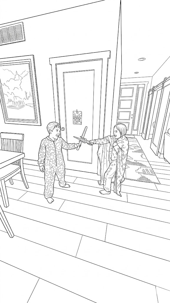 Real coloring page generated from the photo of two kids playing